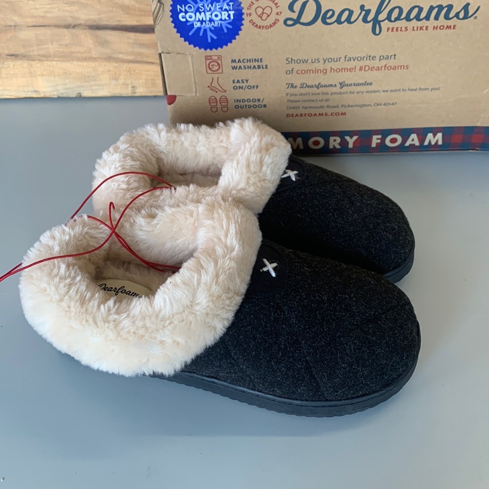 NIB Women’s Dearfoams Indoor Outdoor Slippers Wool Black Heather - Picture 3 of 5
